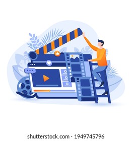 Video marketing scene. Man on huge clapperboard, creation of films and commercials. Promotion on social networks using video content concept. Vector illustration of people characters in flat design