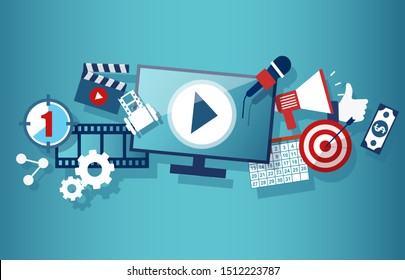 Video marketing social media and advertisement concept template with monitor clapper board megaphone dollar banknote calendar target elements