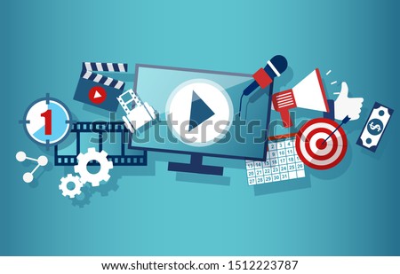 Video marketing social media and advertisement concept template with monitor clapper board megaphone dollar banknote calendar target elements