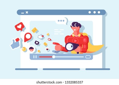 Video marketing social network communication vector illustration. Business content online flat style concept. Digital media market strategy isolated on light background