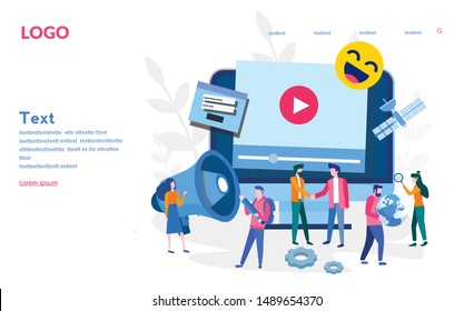 Video marketing, social network communication. video ad, digital content, promotion, online advertisement. Vector illustration for web banner, infographics, mobile website. Landing page template. 