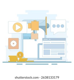 Video Marketing. marketing strategy, business, news, promotion, promo, courses, support. Video content marketing, video marketing strategy. digital tools. flat design illustration.