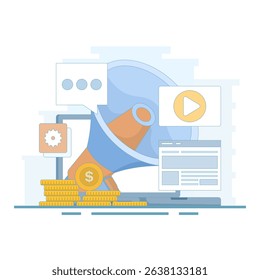 Video Marketing. marketing strategy, business, news, promotion, promo, courses, support. Video content marketing, video marketing strategy. digital tools. flat design illustration.