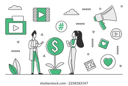 Video marketing strategy. Engaging vlog content posting, digital business vector monocolor illustration