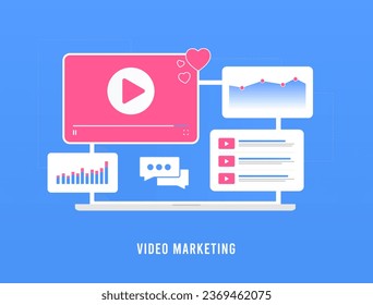 Video Marketing strategy. Leverage AI Technology, targeted programmatic marketing, Native social advertising. Commercials or Social Content Videos Vector illustration isolated on blue background.