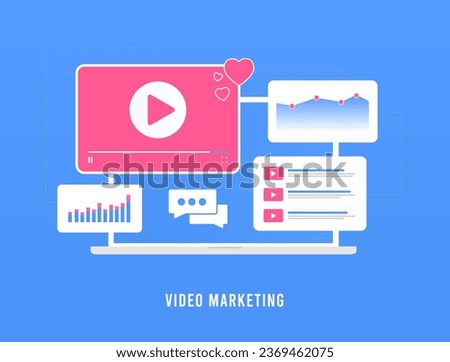 Video Marketing strategy. Leverage AI Technology, targeted programmatic marketing, Native social advertising. Commercials or Social Content Videos Vector illustration isolated on blue background.
