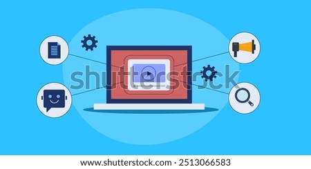 Video marketing strategy, Video post on Social media, Sharing content on search engine, adding videos to website - vector illustration background with icons