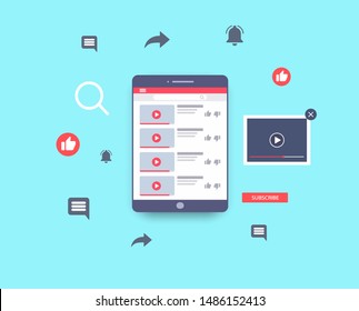 Video marketing. Tablet layout and web symbols. Video content, channel, blogging. Social media youtube concept. Vector illustration. EPS 10