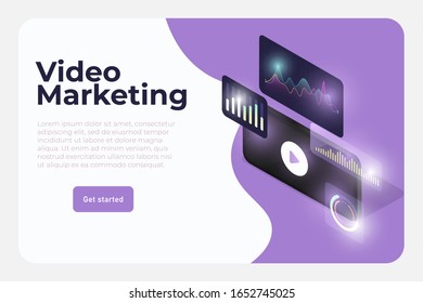 video marketing tools illustration concept. isometric 3d realistic phone with ui ux dashboard elements, statistic, graphs, diagrams, status bars. Digital marketing banner concept