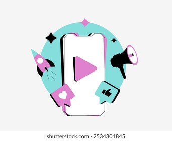 Video marketing trends 2024 focus on short-form content, interactive videos and personalized ads. Illustration shows video play buttons and engagement metrics, reflecting future of video marketing