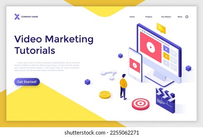 Plantilla de página de inicio isométrica de Tutoriales de marketing de vídeo. Curso para especialistas en publicidad y emprendedores. Sitio del servicio de promoción de negocios. 3.ª ilustración vectorial creativa para el desarrollo de aplicaciones