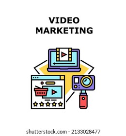 Video Marketing Vector Icon Concept. Camera Digital Device And Computer Software For Creation And Making Video Marketing, Business Occupation Create Media Advertisement Color Illustration