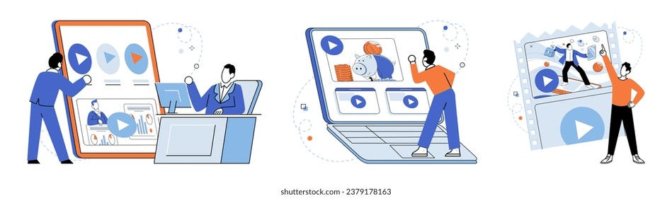 Ilustración vectorial de marketing de vídeo. Las plataformas y herramientas digitales permiten la creación y distribución de contenido de vídeo para fines de marketing La compresión y el compromiso de contenido son esenciales para la captación