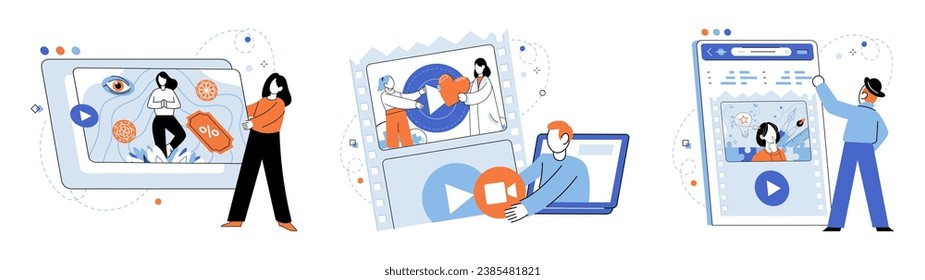 Ilustración vectorial de marketing de vídeo. El marketing de video aprovecha la narración de historias de poder para conectarse con los espectadores a nivel emocional La información sobre el público objetivo es crucial para crear una imagen personalizada