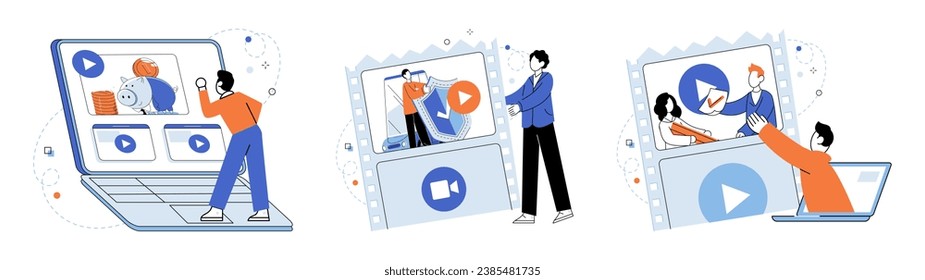 Video marketing vector illustration. Promotion plays vital role in generating visibility and reach for video marketing campaigns The metaphorical power video marketing lies in its ability to convey