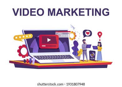 Video marketing web concept in flat style. People create and posting video content, promote, seo optimization, development strategy scene. Vector illustration of cartoon characters for website design