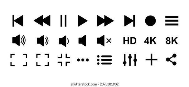 Video media and music player vector icons set. Multimedia player and audio interface symbols