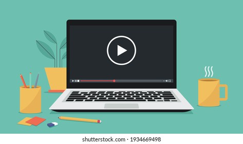 video media player icon on laptop computer concept, flat vector illustration	