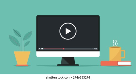 video media player icon on computer concept, vector flat design illustration