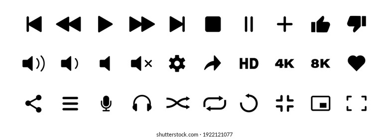 video media player icons vector set. multimedia music audio control. mediaplayer interface symbols. play, pause, mute sign. isolated white background