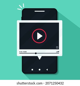 Video media player on smartphone. Mobile phone watching video. Illustration vector 