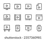 Video and Media player vector line icons. Film, Movie and Play content outline icon set.