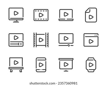 Iconos de línea vectorial de reproductor de vídeo y multimedia. Juego de iconos de esquema de contenido de película, película y reproducción.