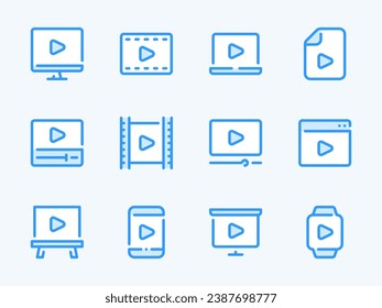 Iconos de línea vectorial de Video y Media Player. Juego de iconos de esquema de contenido de película, película y reproducción. Visualización en línea, presentación, computadora, teléfono móvil, archivo de video, cine y más.