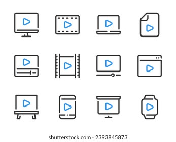 Iconos de línea vectorial de reproductor de vídeo y multimedia. Juego de iconos de esquema de contenido de película, película y reproducción.
