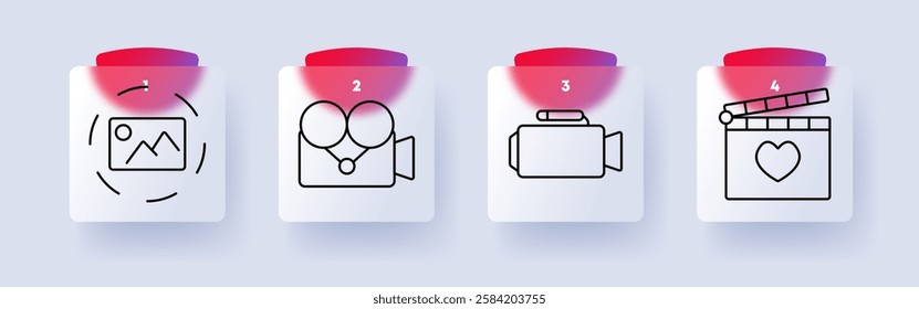 Video and media production set icon. Image processing, vintage camera, video recording, clapperboard with heart, filmmaking, multimedia, content creation