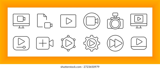 Video y el icono del conjunto de medios. Video Incluye monitor, símbolo de reproducción, grabadora, reproductor de Web, archivo, TV, avance rápido, ícono de círculo y equipo para reproducción o Configuraciones multimedia.