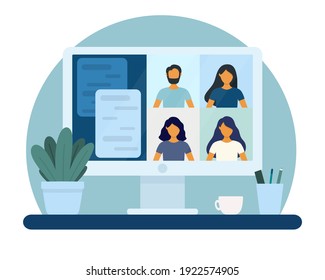 Reunión de vídeo entre colegas a través de la aplicación de videochat en la ilustración de un vector plano de ordenador. Concepto de conversación de vídeo.