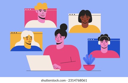 Video Meeting with Colleagues vector flat illustration. Video conference. Online communication concept.