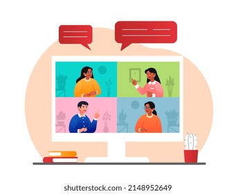 Video Meeting Concept. Communication On Internet, Social Network And Remote Meeting Of Board Of Directors. Friends Or Colleagues Share Ideas. Video Call Or Conference. Cartoon Flat Vector Illustration