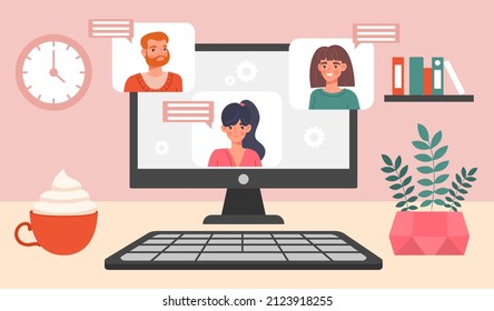 Video meeting concept. Social networks and communication of remote employees. Internet friends. Monitor on table, computer, modern technology and digital world. Cartoon flat vector illustration
