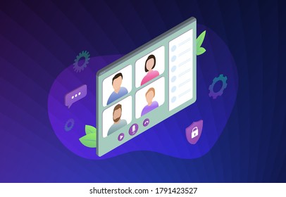 Video meeting conference isometric vector illustration concept. Videoconference while remote working from home. Online video call meeting or webinar with colleagues, business team on Covid-19. 