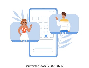 Video meeting, dating or call for family. Teens communicate with smartphone. Modern relationships, friendship or work vector concept