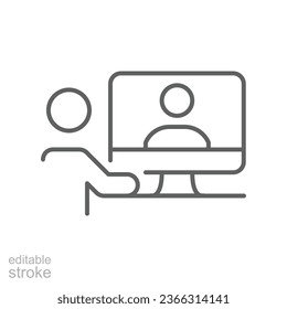 Video meeting icon. Virtual conference with People on computer screen. Remote working from home office. Digital communication. Editable stroke Vector illustration. Design on white background. EPS 10