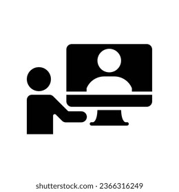 Video meeting icon. Virtual conference with People on computer screen. Remote working from home office. Digital communication. Solid style, Glyph Vector illustration. Design on white background EPS 10