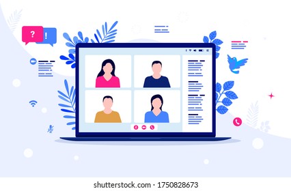 Video meeting - Laptop computer screen with people communicating on video chat. Remote communication, conference and online course concept. Vector illustration.