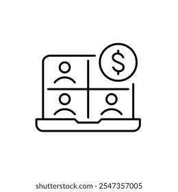 Video meeting on laptop and dollar symbol. Freelance collaboration, remote work payment. Pixel perfect vector icon