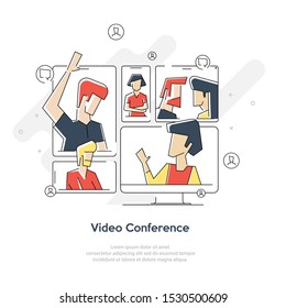 Video Meeting Online Vector. Woman And Chat. Ceo And Employees. Business Meeting, Consultation, Conference Office, Seminar, Online Training Concept. Flat Cartoon Isolated Illustration