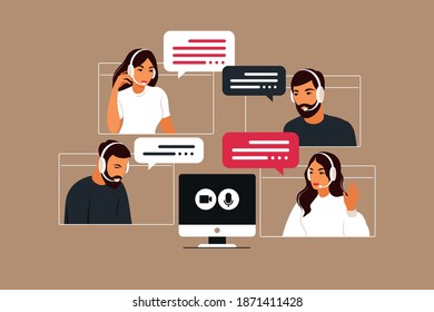 Video meeting of people group. Online meeting via video conference. Remote work, technology concept. Vector illustration in flat style.