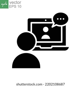 Icono remoto de reunión de vídeo. trabajo remoto Discusión virtual con personas en la pantalla del equipo. Seminario de conferencia digital. Símbolo de seminario web. Ilustración vectorial de glifo sólido sobre fondo blanco. EPS 10