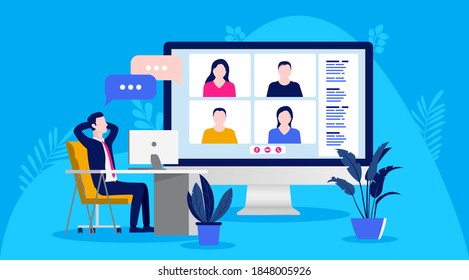 Video meeting vector illustration - Relaxed man at desk having a meeting with colleagues online. Remote teamwork concept.