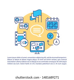 Video and message translation article page vector template. Online interpreter. Brochure, magazine, booklet element with linear icons and text. Print design. Concept illustrations with text space