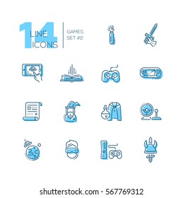 Video - modern vector line design icons set with accent color. Joystick, sword, mobile device app, book, game console, paper, wizard, camera ufo, virtual reality. Material design concept symbols