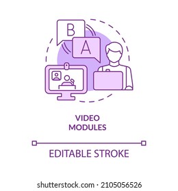 Icono de concepto morado de módulos de vídeo. Vea las instrucciones del video. Aprender una idea abstracta de la delgada línea. Dibujo de contorno aislado. Trazo editable. Fuentes Roboto-Medium, Myriad Pro-Bold utilizadas