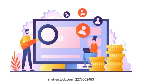 Video monetization concept. Man with magnifying glass and woman sitting on gold coins near computer monitor. Creation of interesting content for video hosting. Cartoon flat vector illustration
