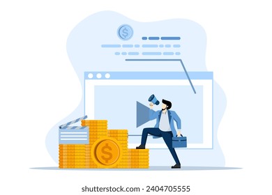 Video monetization concept, man makes money online from videos. content creators who are successful at monetizing videos. earn money on the internet, earn income online. Flat vector illustration.